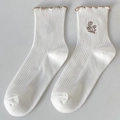 Japanese style white crew socks with brown ruffle trim and embroidered small flower - White / One Size