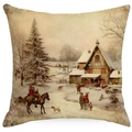 Square Christmas pillow case featuring vintage winter snow scene with rural cottages - YMD511-19 (Vintage Country Snow)