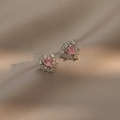 Pink heart-shaped zircon stud earrings with silver metal base on golden silk background - Pink Heart Style (E0303)