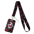 Lanyard ID card holder with red butterfly marble pattern and swivel metal lobster clasp - Red/Black Marble Butterfly Set