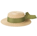 Detailed texture of natural woven wheat straw boater hat with olive green ribbon bow - One Size / Green Ribbon Style