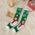 Calcetines altos de Navidad en forro polar coral verde con copos y muñeco de nieve - Talla única / Verde Gran Muñeco de Nieve Largo