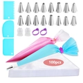 124-piece baking set with stainless steel tips, silicone bags, and 100 disposable bags - Set 1 [124 Pieces]