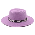 Purple straw boater hat with cow print ribbon and silver buckle for summer beach wear - M (56-58cm) / Taro Purple