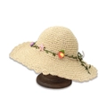 Dettaglio cappello di paglia beige con decorazioni floreali colorate e tesa larga ondulata - Bambini (51-52cm) / Beige