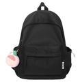 Minimalist black nylon backpack for students featuring a pink peach plush charm - Single Bag / Black