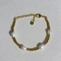 Gold stainless steel beaded bracelet with white baroque pearls and lobster clasp - Baroque Pearl Splice Style 4 / Gold/White