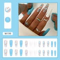 Blaue und weiße lange Ballerina-Nagel-Sets mit Wellenmustern und glänzendem Finish - W199 Blau Weiß Wellenmuster (Kleber-Stil)