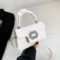 Elegant white square crossbody bag with rhinestone buckle and ruched handle - White