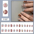Short round press-on nails in Morandi blue and wine red with gold foil accents - Y-57 Blue Pink Marble