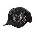 Berretto da baseball in pizzo nero da donna con grande farfalla di strass e decori floreali - Nero (1#)
