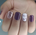 Macro detail of French style press-on nails with purple floral art and silver glitter accents - Purple Floral Rhinestone Mix (CW665)