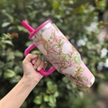 Pink stainless steel insulated tumbler with floral pattern and handle 40oz capacity - 40oz / Fragrans