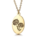 Gold stainless steel oval pendant necklace featuring engraved carnation flower details - October Marigold (KN227555-Z)