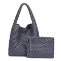 Conjunto de bolso tote de cuero PU tejido a mano gris oscuro con estuche a juego - Gris Metálico