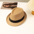 Klassieke strooien fedora hoed in lichtbruin met zwart lint, bovenaanzicht zomer - camel