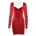Detail of red lace long sleeve dress featuring slim fit cut and elegant low neckline - S / Red