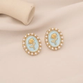 French vintage rose stud earrings with light blue enamel and faux pearl in gold finish - Blue