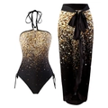 Dreiteiliges Bikini-Set mit Gold-Farbverlauf-Badeanzug und passendem Sarong-Rock - S / Oberteil Und Unterteil / Sternenhimmel Halter