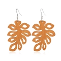 Detailed view of hollow monstera leaf wood earrings in coffee brown finish - Style 23/Monstera Leaf Hollow