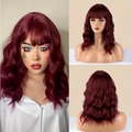 Short wavy deep burgundy wig with bangs synthetic curly hair wig for women - Burgundy