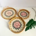 Set of 3 handmade rattan woven trays with geometric shell inlay and wood handles - Heart Flower / Three-Piece Set