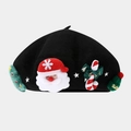Close-up of black wool beret with Santa Claus and Christmas tree felt decorations - Black (Christmas Style 2)