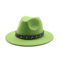 Close-up of apple green wool fedora hat featuring a brown leather band and ethnic beads - Fruit Green