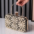 Elegant black evening clutch with gold floral hollow frame and sparkling rhinestones - Black