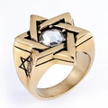 Anello da uomo in acciaio inossidabile dorato con esagramma e cristallo centrale - US 7 / Esagramma Oro + Pietra Trasparente