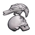 Gothic punk metal badge featuring a detailed raven perched on a skull in silver finish - Raven Skull Style