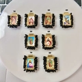 Set of 8 gold religious pendant charms with black bead borders for DIY jewelry making - Black