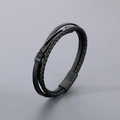 Heren meerlaagse zwart gevlochten lederen armband met roestvrijstalen sluiting - Zwart (KB180745-JR)