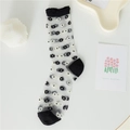 White sheer mesh crew socks with black floral embroidery and reinforced black heel - One Size / Daisy Black