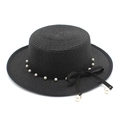 Cappello di paglia nero da donna con decorazione di perle e fiocco in velluto retrò - Nero