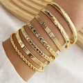 8-piece gold bohemian bracelet set featuring twisted rope and star engraved designs - Layered Open Bracelet Set (HS941) / Gold