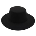 Detailed view of the structured crown and flat brim on this black wool boater hat - One Size / Black