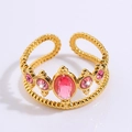 Golden titanium steel double-layer ring with oval pink gemstone and beaded texture band - Crown Princess Pink Style (JZ24-1)