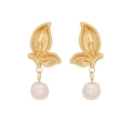 Elegant gold butterfly earrings with white pearl drops for women in a minimalist style - Butterfly