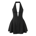 Französisches Vintage Halfter-Kleid mit tiefem V-Ausschnitt und plissiertem A-Linien-Schnitt - S / Schwarz