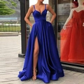 Elegant royal blue satin evening gown with thin straps and a high-slit skirt for women - US size 2 (S) / Sapphire Blue