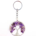 Silver life tree keychain with purple amethyst raw crystal stones and twisted wire design - Purple Crystal