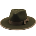 Classic olive green wool fedora hat with wide brim and brown ribbon bow decoration - M (56-58cm) / Army Green