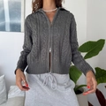 Women's gray knit cardigan sweater with zipper and long sleeves for casual daily wear - S / Gray