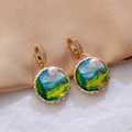 Vintage gold earrings with purple oil painting landscape charms and white pearl accents - Rural Red House [C-37]
