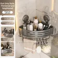 Grey adhesive bathroom corner shelf with towel bar and suction cup mounting - Single-layer Elevated Triangle Basket with Bar & Suction Cup