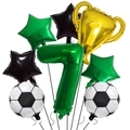 Detailed view of #7 soccer party kit with golden trophy and star foil balloons - Number 7 Style