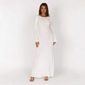 Slim fit white knit long sleeve maxi dress featuring a round neck and elegant silhouette - S / Ivory