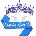 Birthday Girl set with silver crystal crown and navy blue sash for party celebration - Dark Blue Silver Holographic (Girl)