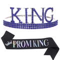 Detail of silver crown with blue rhinestones and black Prom King sash for party gifts - Royal Blue Crown + Black Holographic Sash